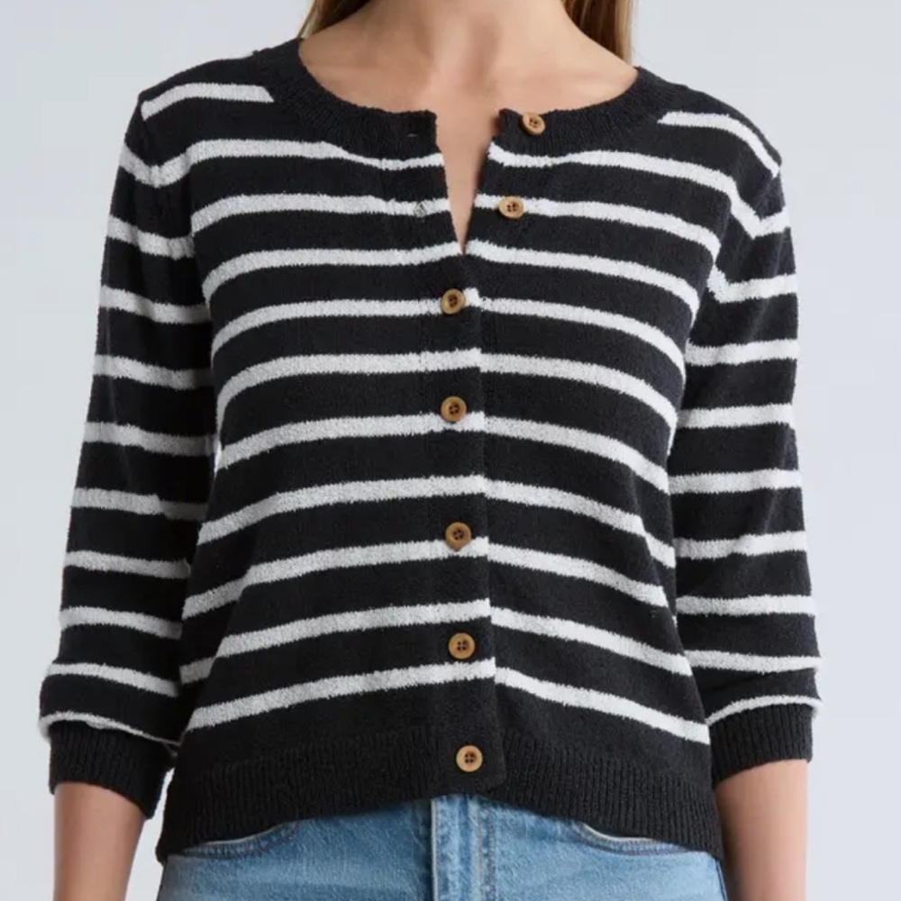 Bobeau Black and White Striped Cardigan